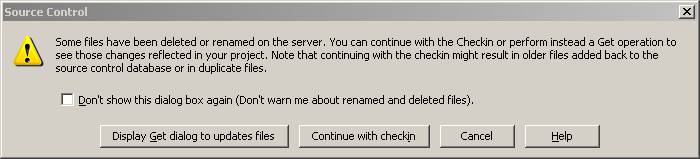 VS2005 warns for VSS2005 when attempting to checkin deleted or renamed files