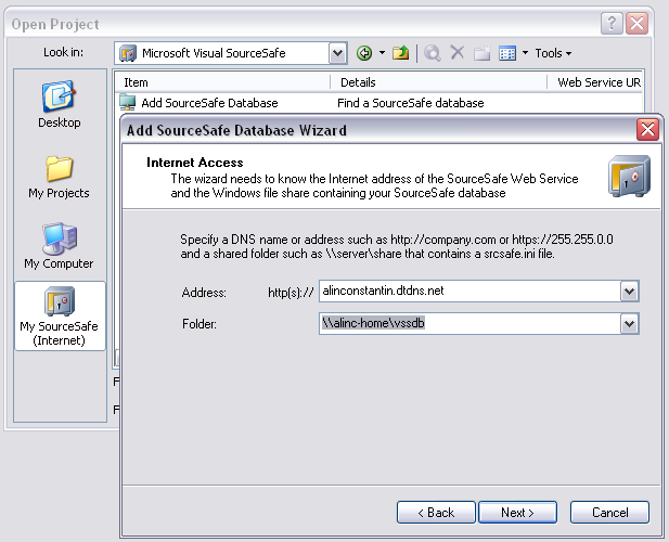 Add SourceSafe database on client for Internet access