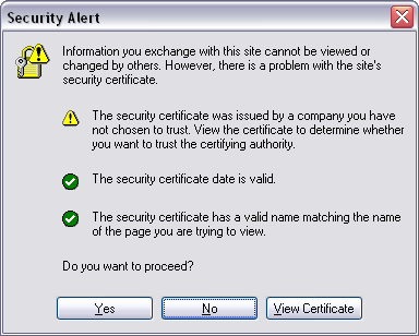 Internet Explorer 6.0 displays a security alert if the certificate is not trusted