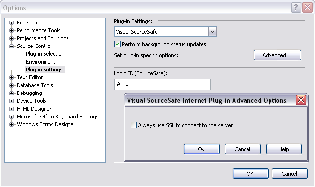 Turn off SSL requirement to access unsecured the SourceSafe web service from VisualStudio