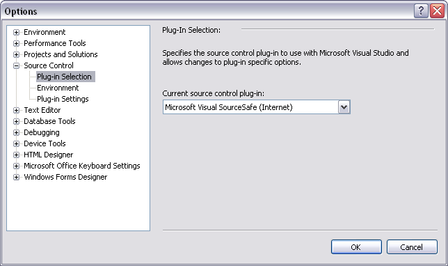 Select SourceSafe Internet as active source control provider in Visual Studio 2005